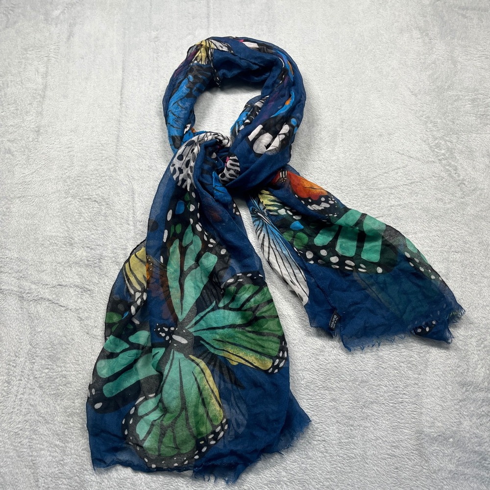 Butterfly Print Square Rayon Scarf Wrap Navy Blue Multi Frayed Edge Sheer